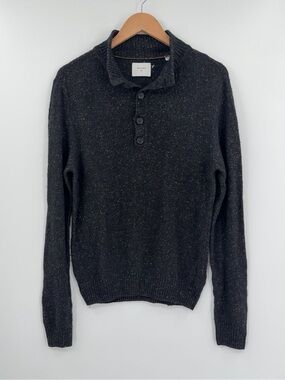 Billy Reid Cotton Silk Wool Blend Henley Sweater | Charcoal Speckle | Medium